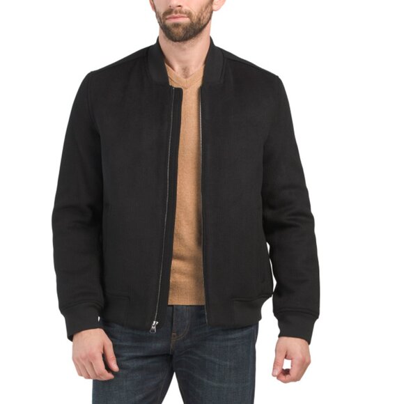 COLE HAAN Black Textured Wool Blend Bomber Jacket